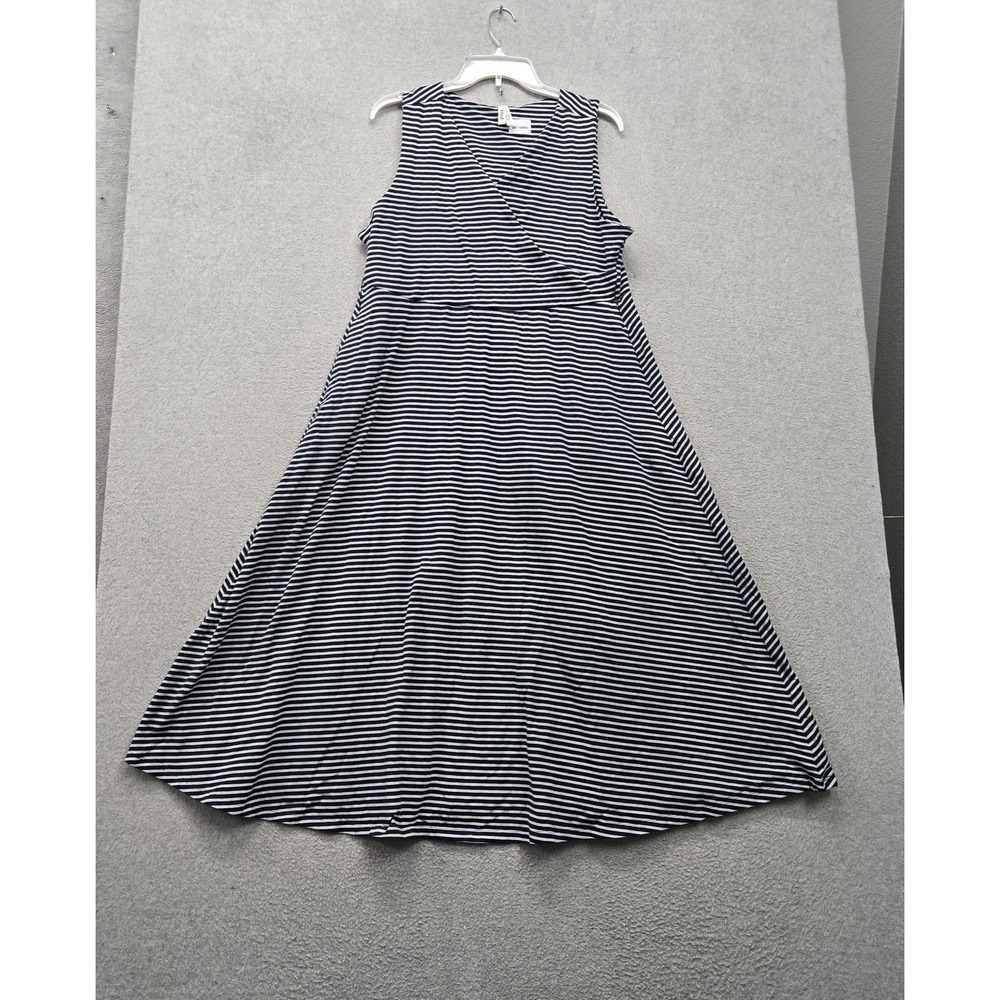 Pact Women Dress 2XL Navy Striped Midi Fit & Flare Faux Wrap Organic Cotton